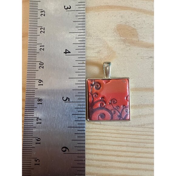 Square Red & Black Swirl Pattern Pendant With Silver-Tone Metal Base - Picture 4 of 5